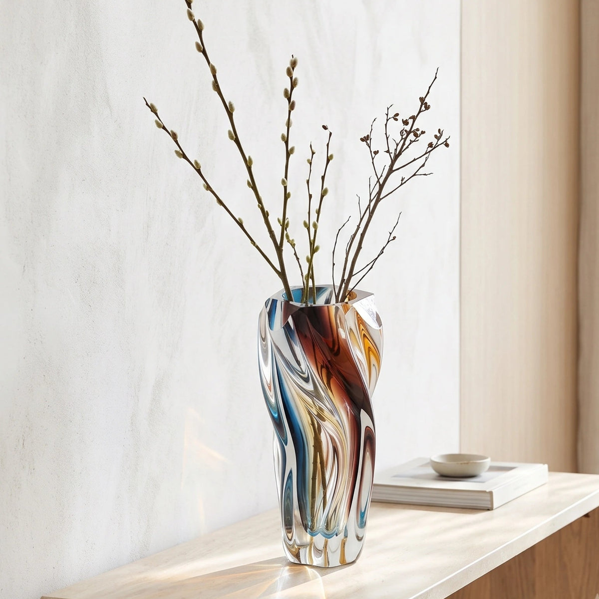 Multicolored twisted sculptural glass vase with elongated form and fluid wave-like contours.