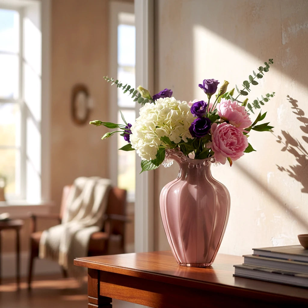 Blush pink translucent glass vase with curved body and sculptural ruffled rim.