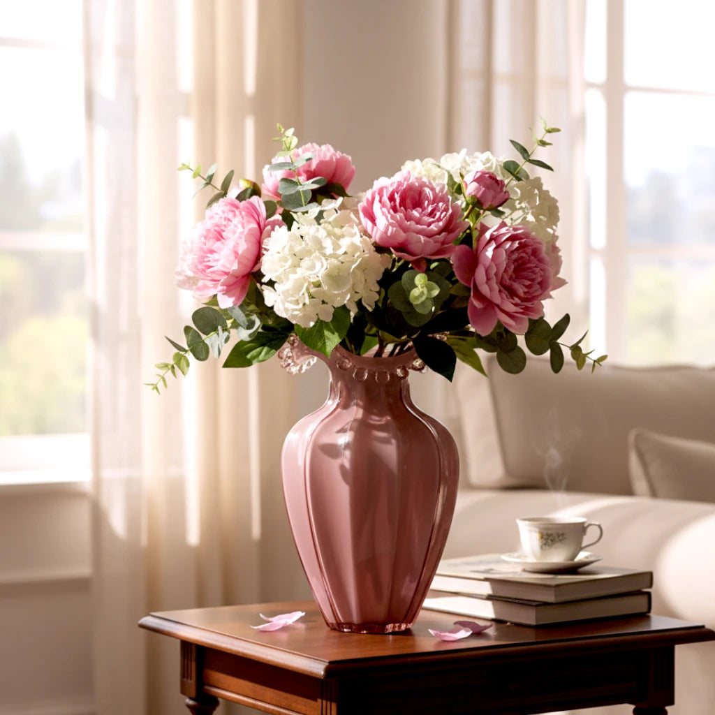 Blush pink translucent glass vase with curved body and sculptural ruffled rim.