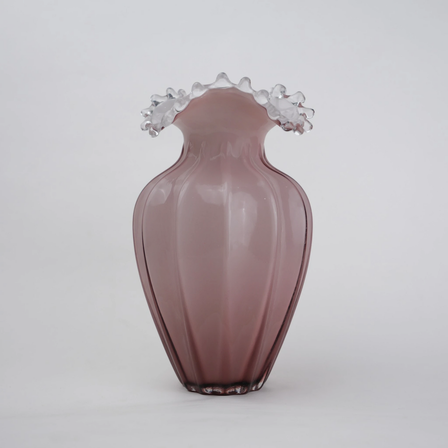 Mauve ribbed urn vase ruffled rim front