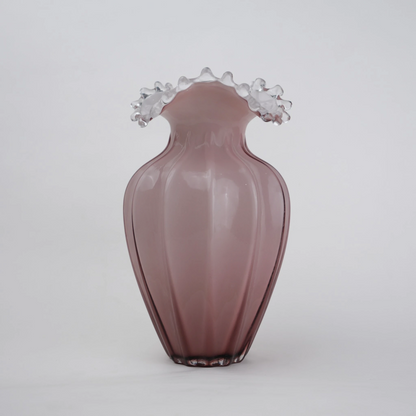 Mauve ribbed urn vase ruffled rim front