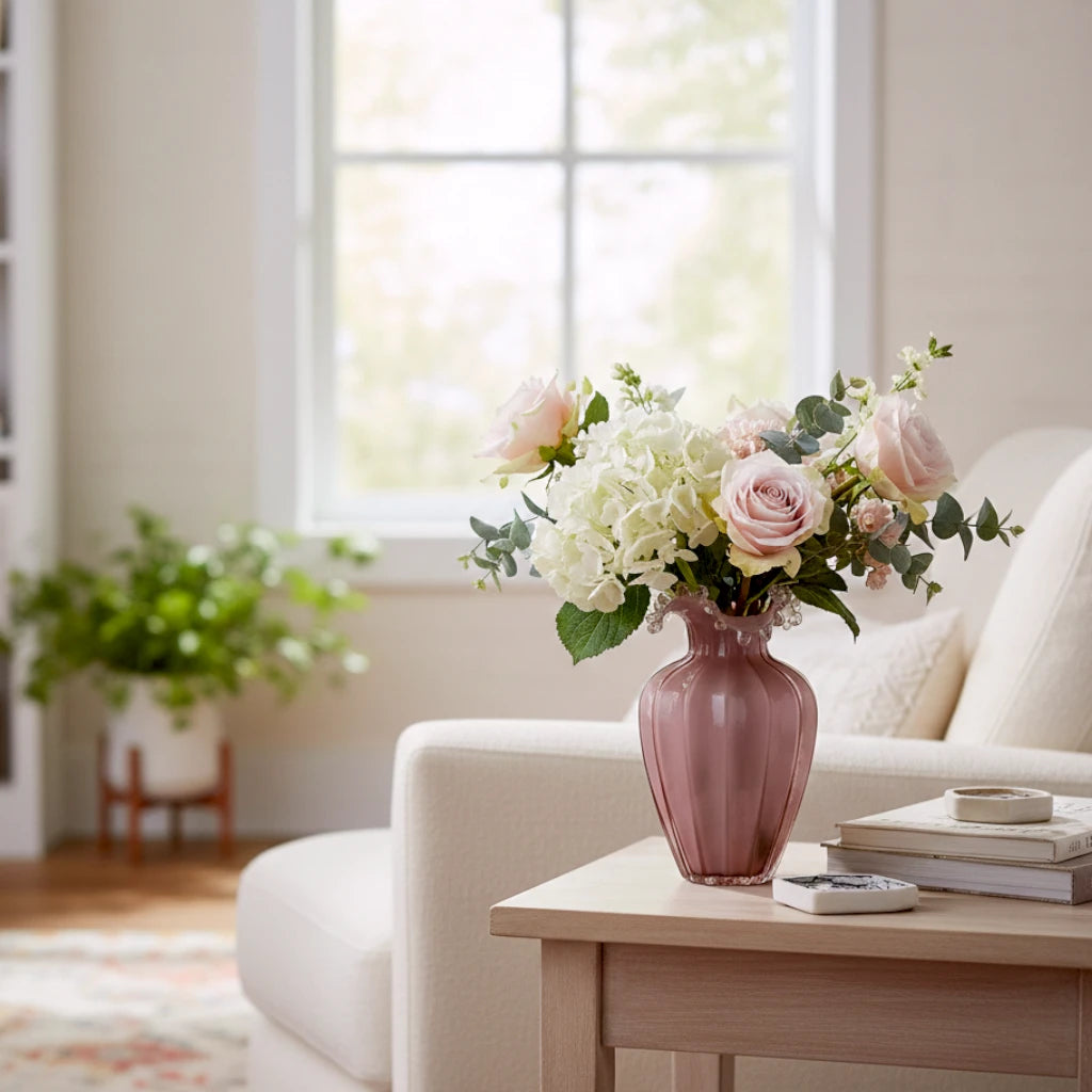 Blush pink translucent glass vase with curved body and sculptural ruffled rim.
