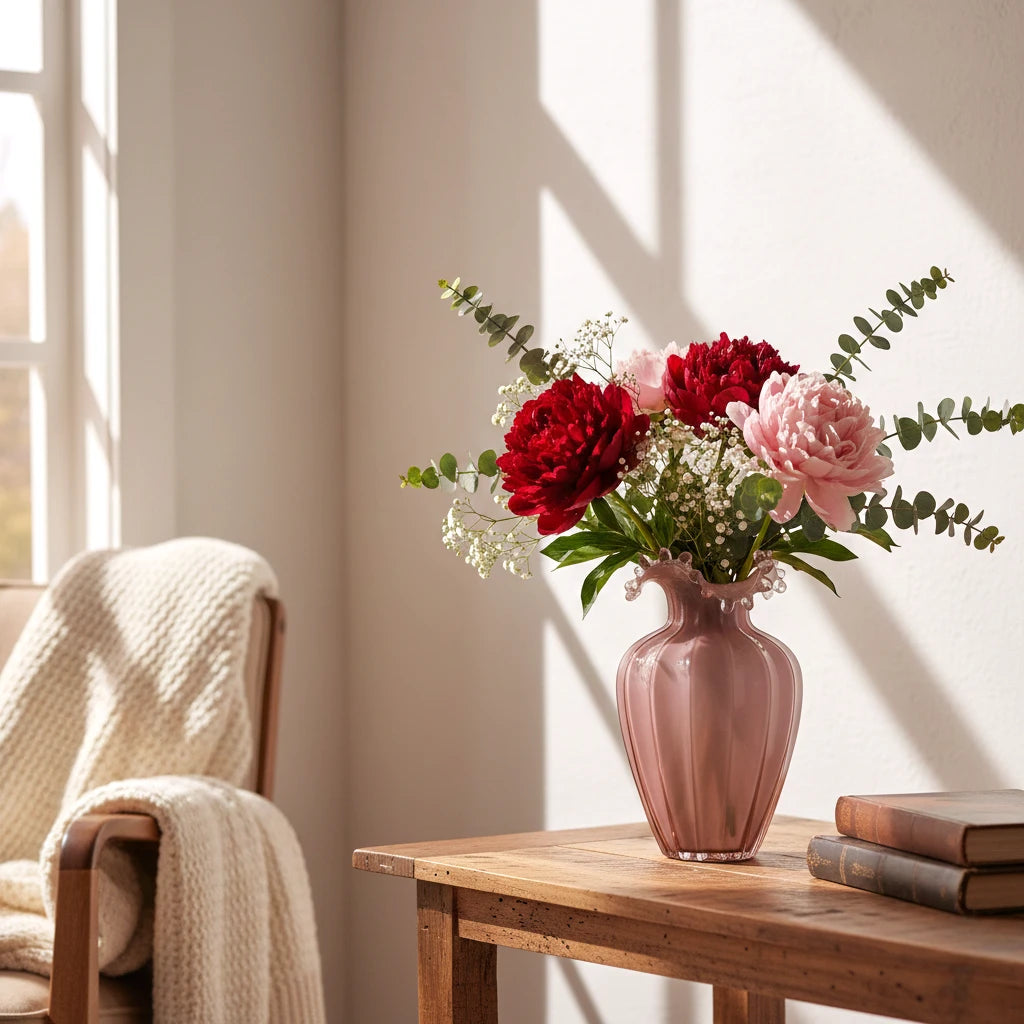 Blush pink translucent glass vase with curved body and sculptural ruffled rim.