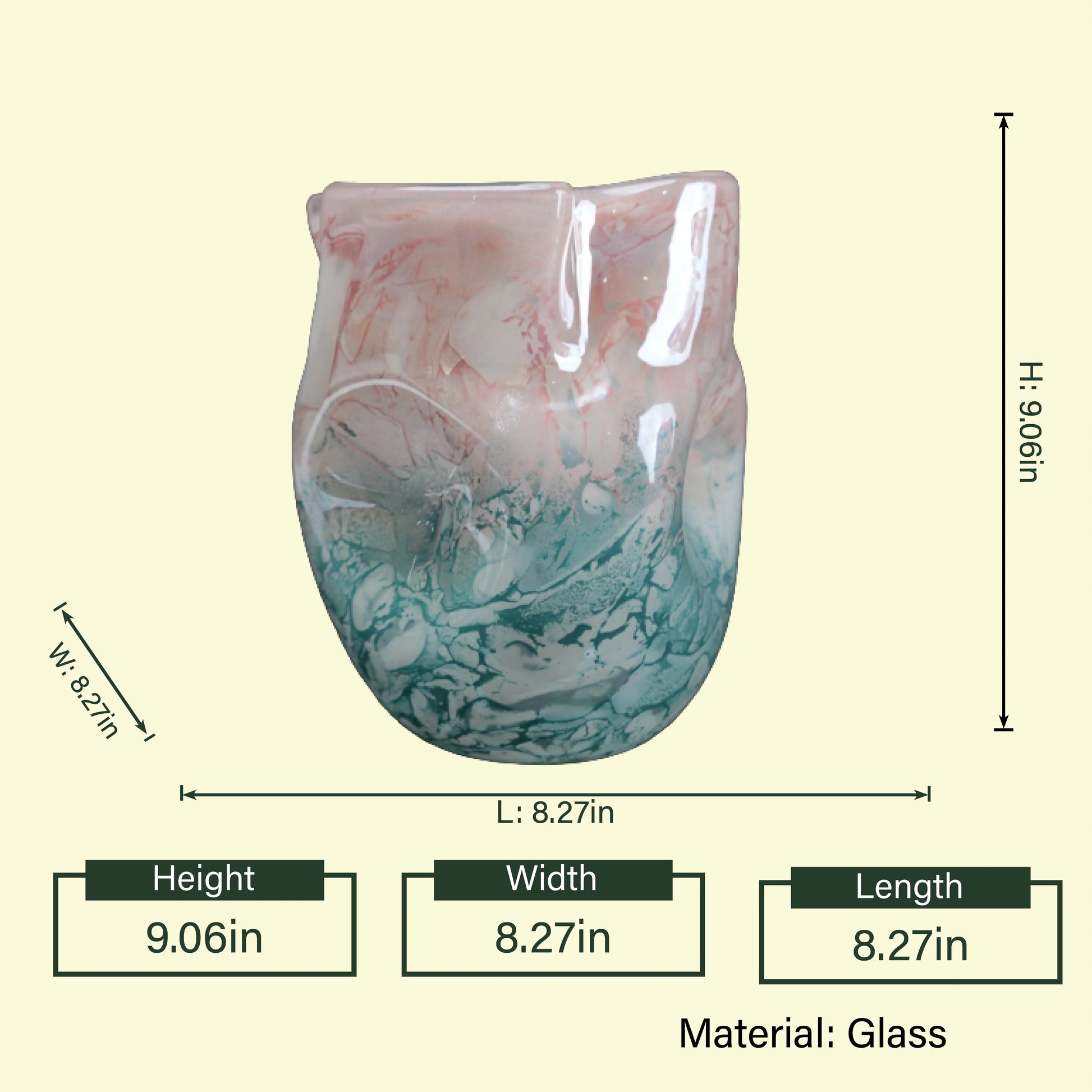 Aqua & blush marbled glass vase 9.06in spec