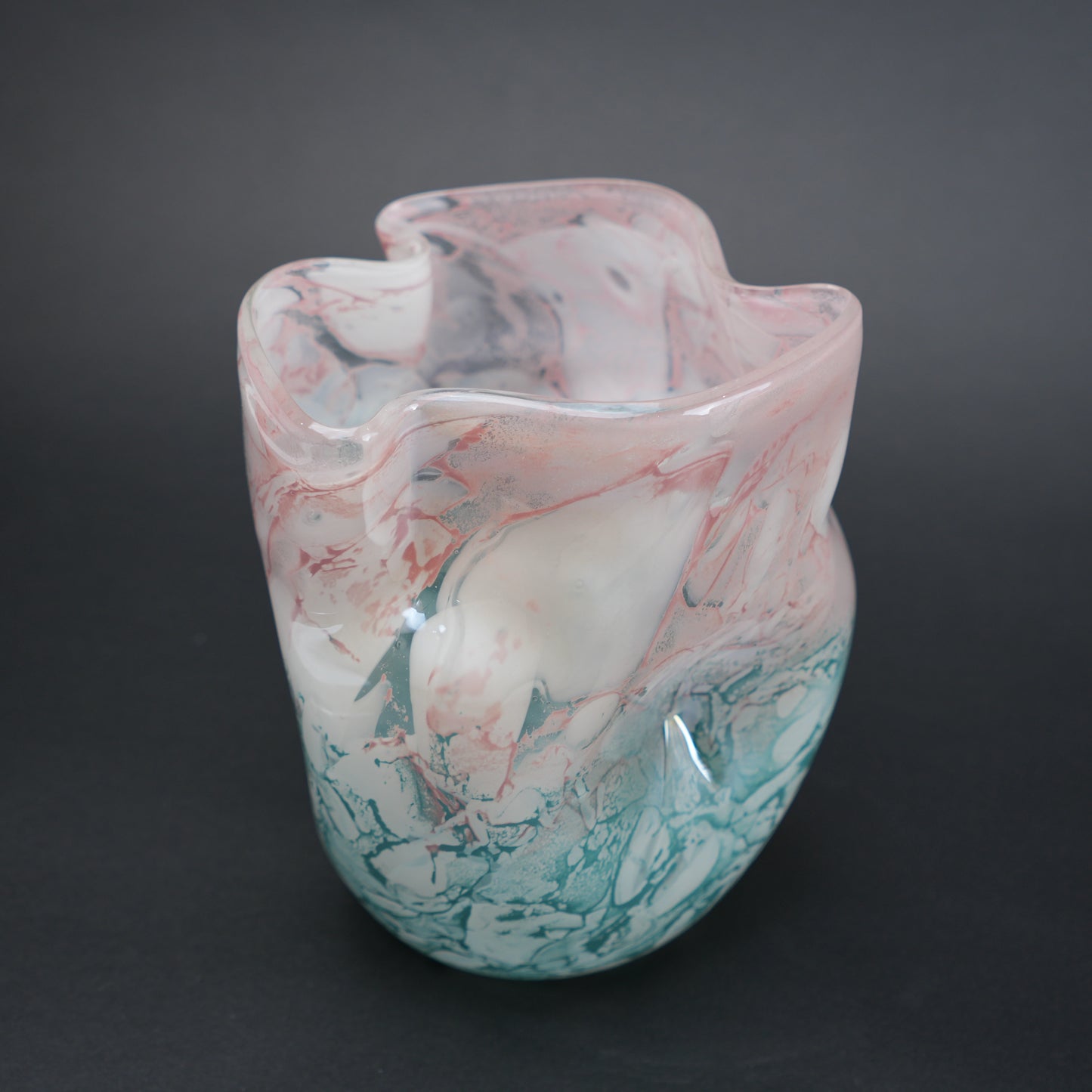 Frosted white glass vase with aqua gradient base and soft blush marble veining.