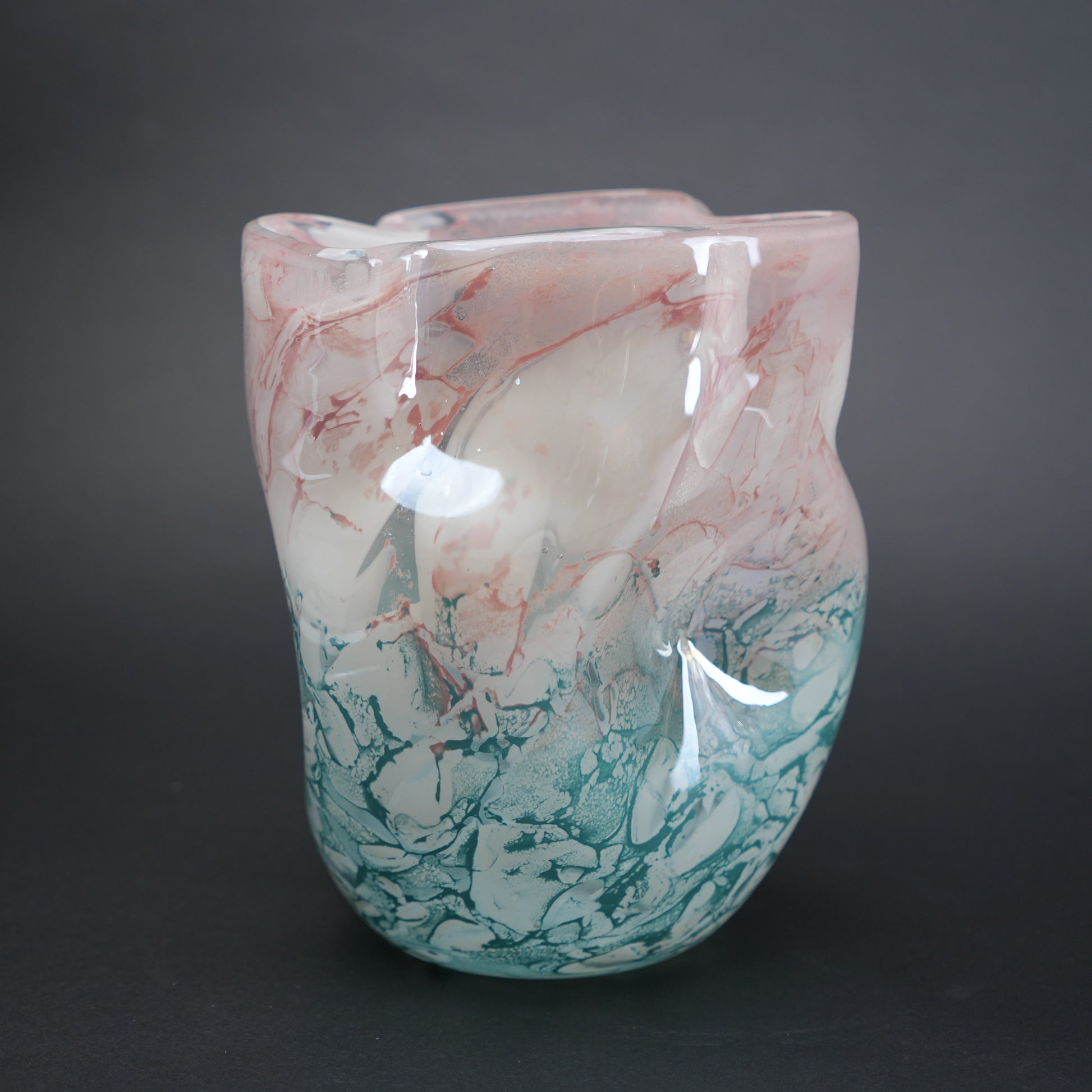 Frosted white glass vase with aqua gradient base and soft blush marble veining.