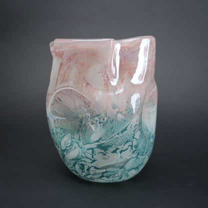 Frosted white glass vase with aqua gradient base and soft blush marble veining.
