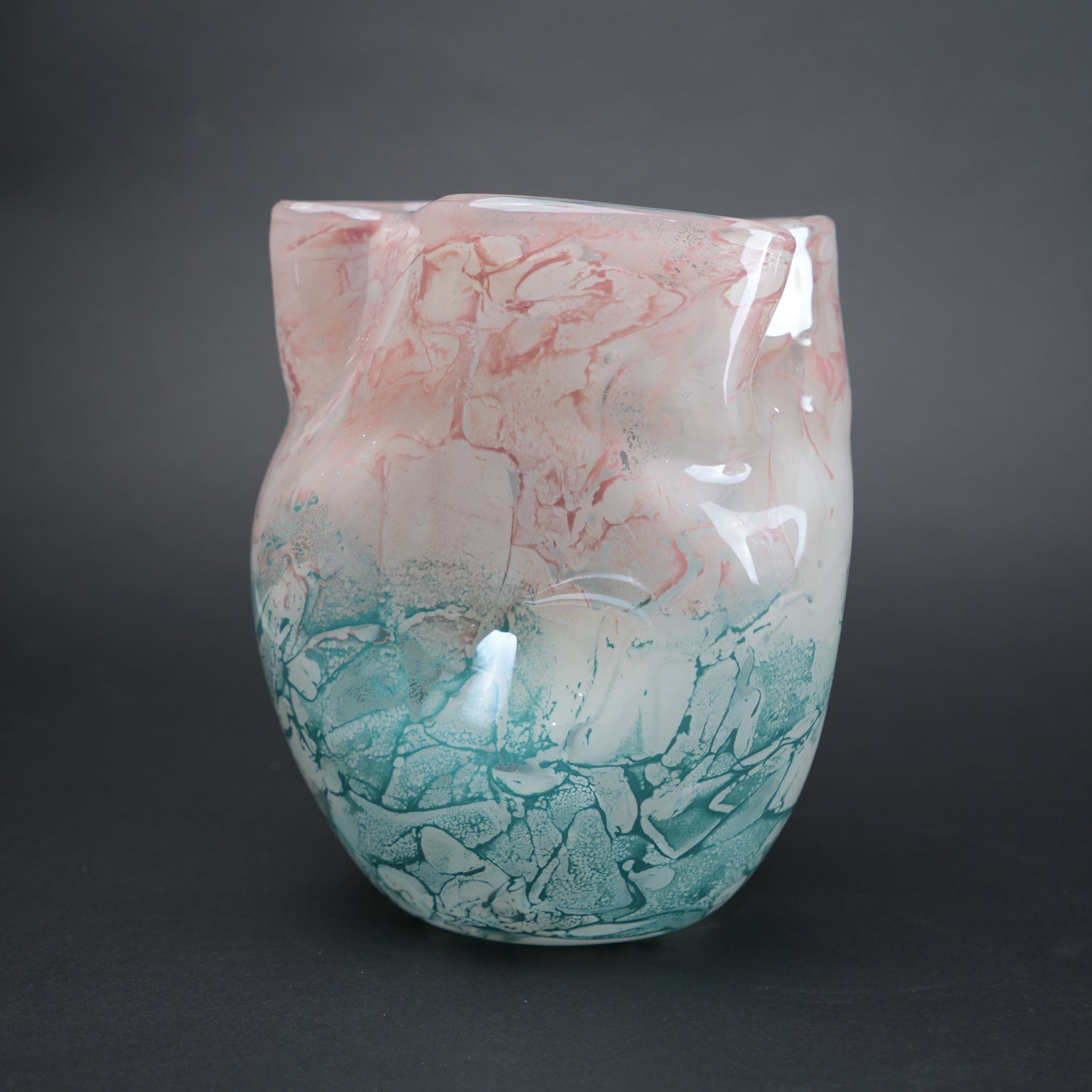 Frosted white glass vase with aqua gradient base and soft blush marble veining.