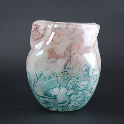 Frosted white glass vase with aqua gradient base and soft blush marble veining.
