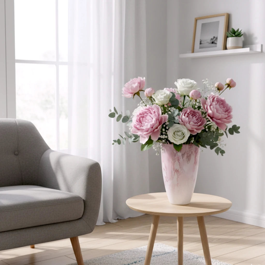 Frosted white glass vase with soft blush marble veining and smooth tapered silhouette.