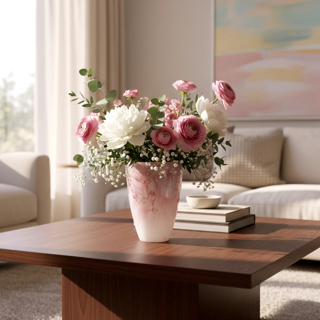 Frosted white glass vase with soft blush marble veining and smooth tapered silhouette.