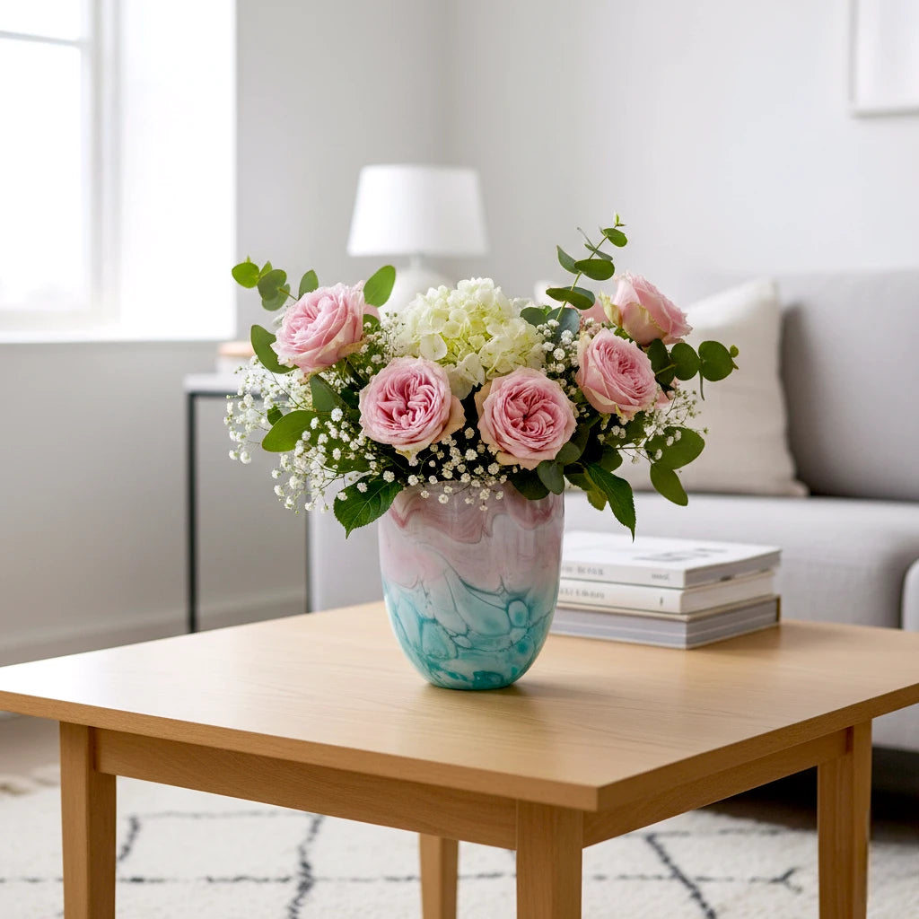 Frosted white glass vase with aqua gradient base and soft blush marble veining.