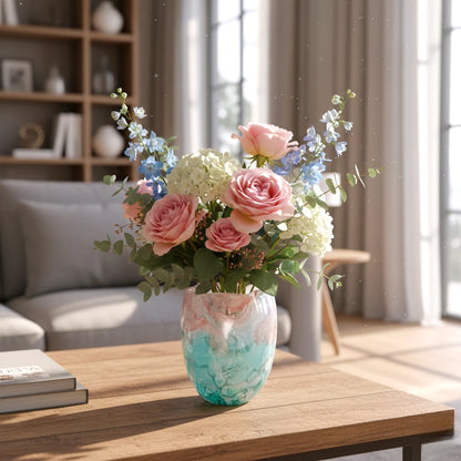 Frosted white glass vase with aqua gradient base and soft blush marble veining.