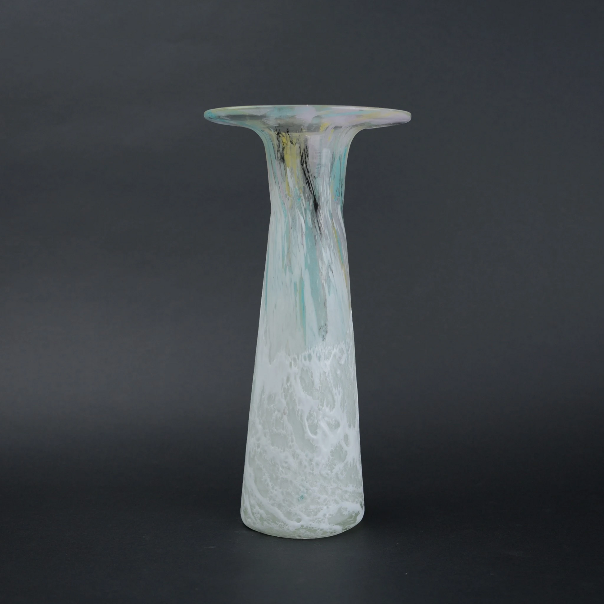 Tall frosted white glass vase with elongated tapered body and flared iridescent rim.