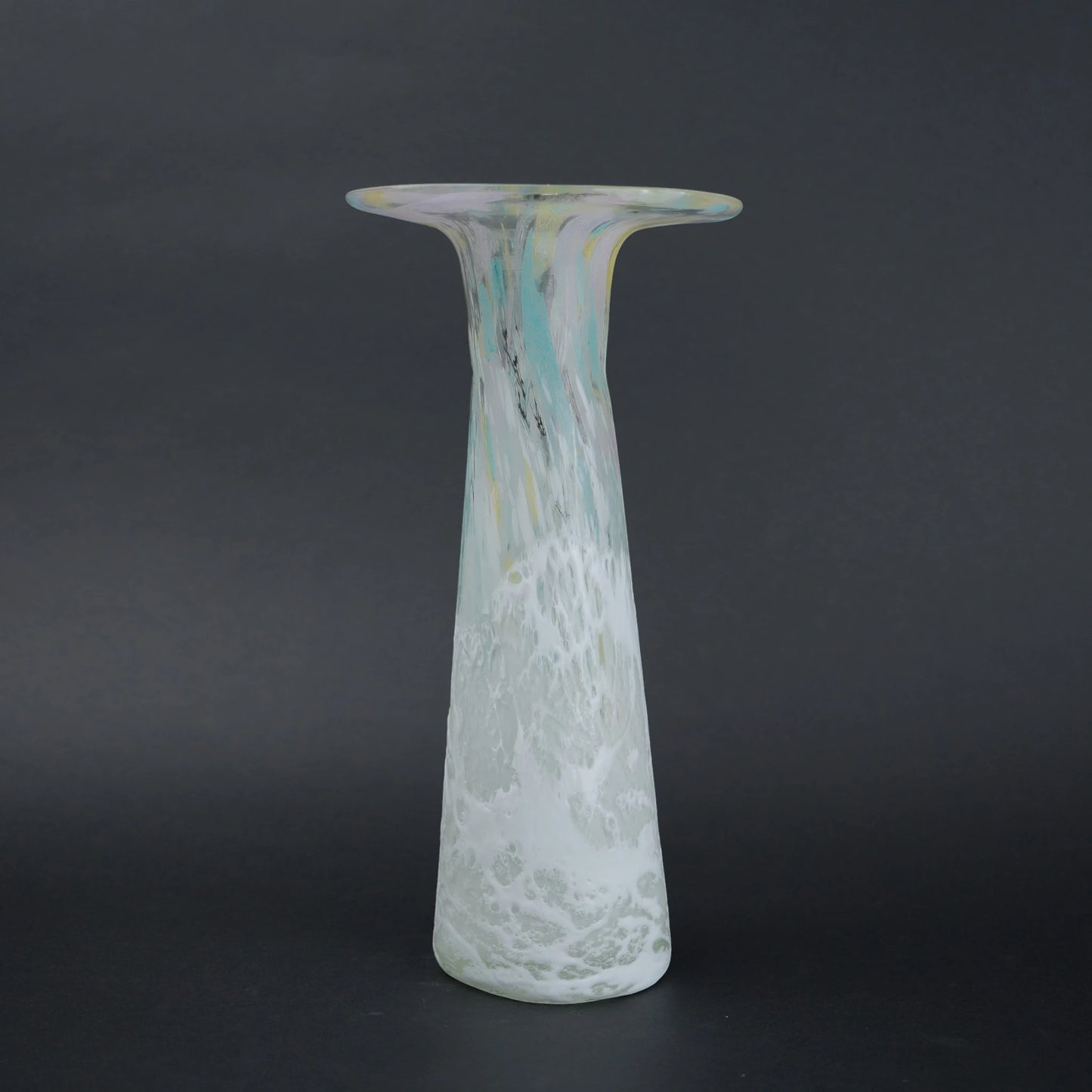 Tall frosted white glass vase with elongated tapered body and flared iridescent rim.