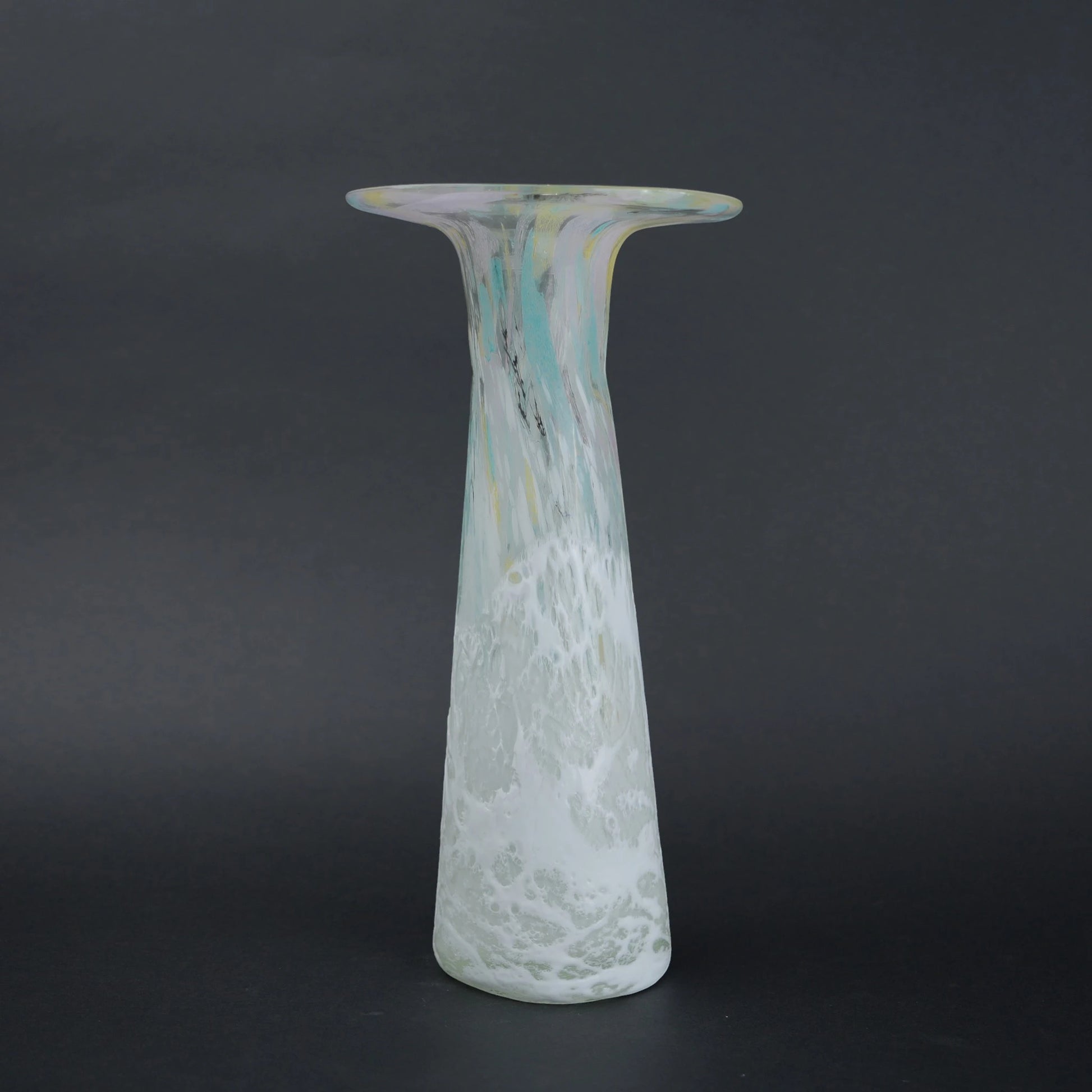Tall frosted white glass vase with elongated tapered body and flared iridescent rim.