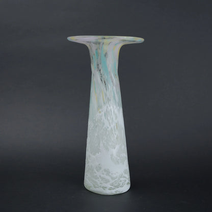 Tall frosted white glass vase with elongated tapered body and flared iridescent rim.
