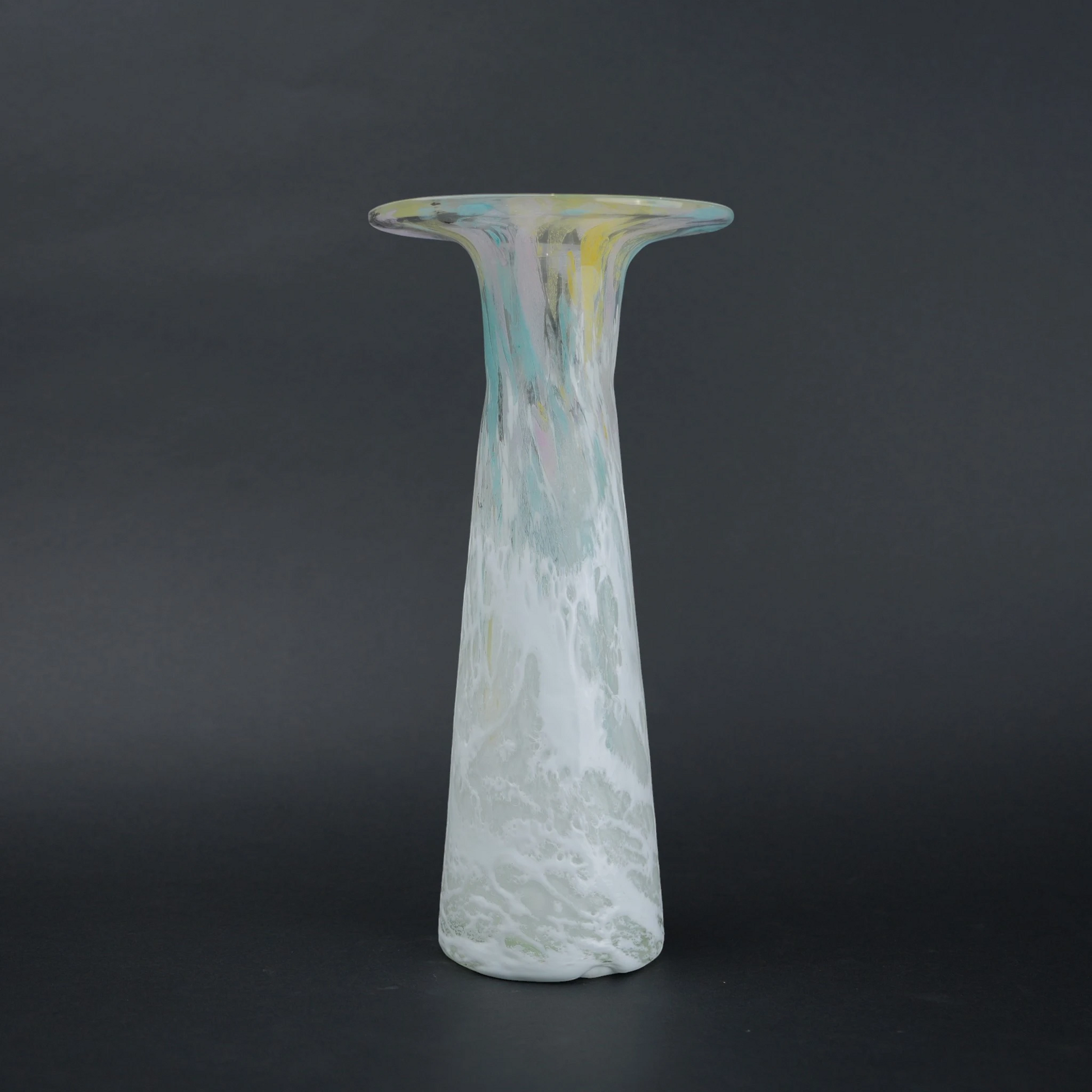 Tall frosted white glass vase with elongated tapered body and flared iridescent rim.