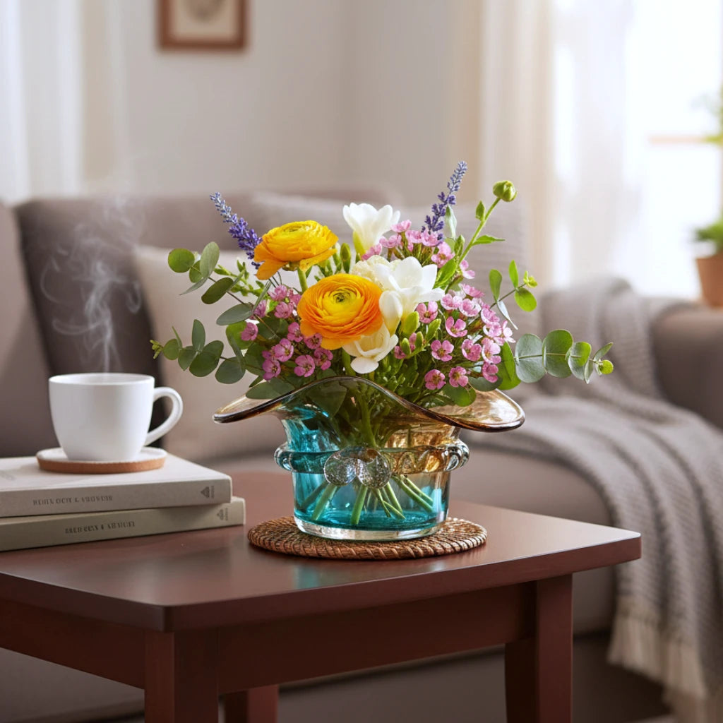 Dual-tone aqua and amber glass vase with sculptural wave-shaped rim and rounded base.