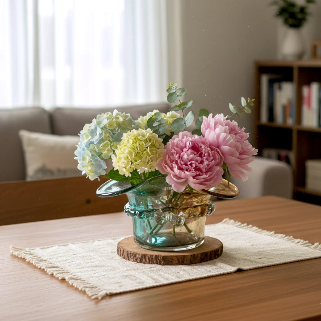 Dual-tone aqua and amber glass vase with sculptural wave-shaped rim and rounded base.