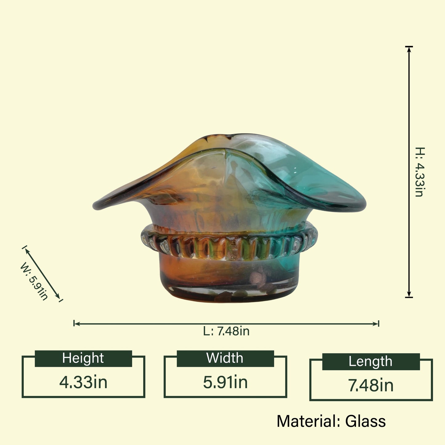 Aqua-amber hat-shaped glass vase 7.48in spec