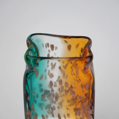 Tall rectangular dual-tone teal and amber glass vase with bubble-textured surface.