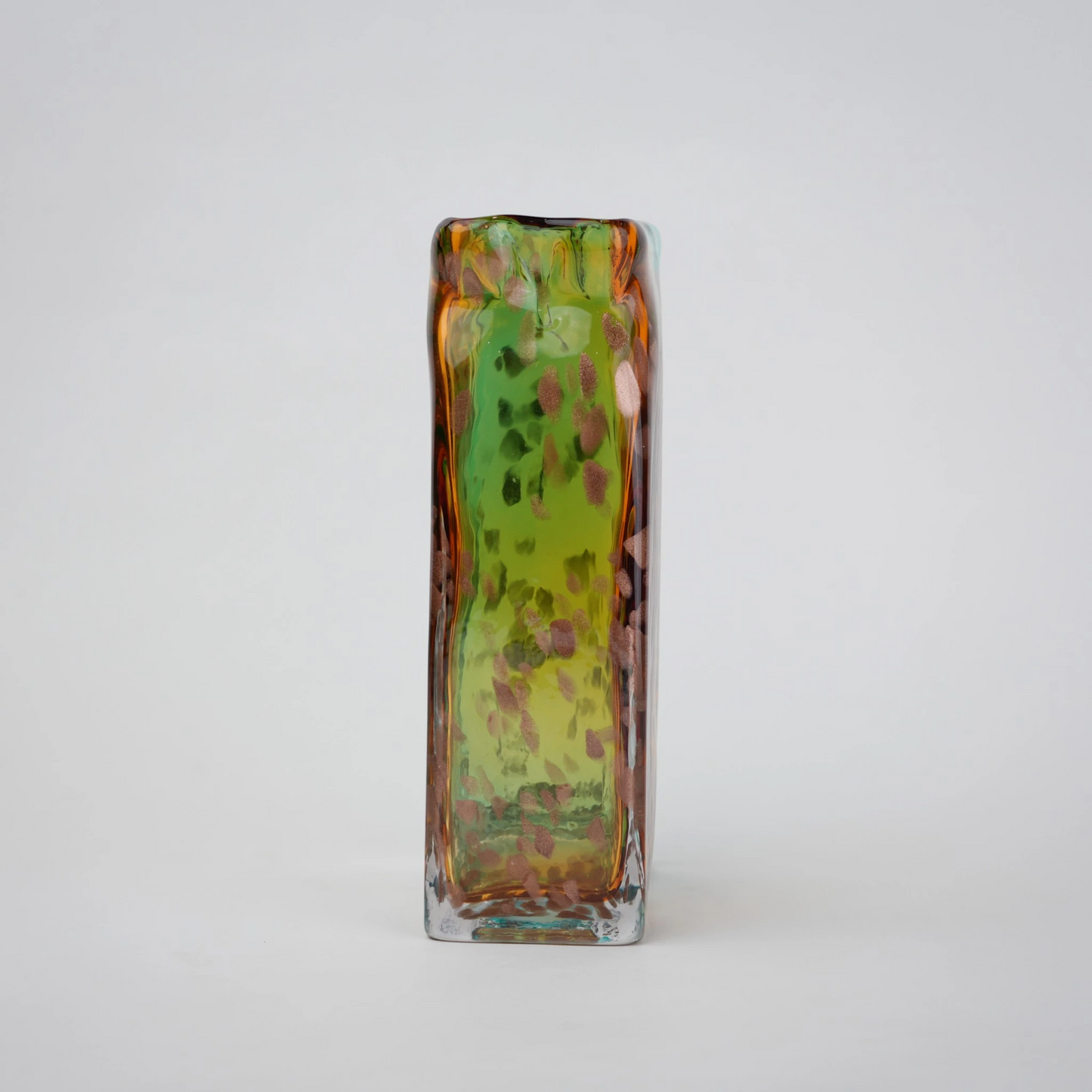 Tall rectangular dual-tone teal and amber glass vase with bubble-textured surface.