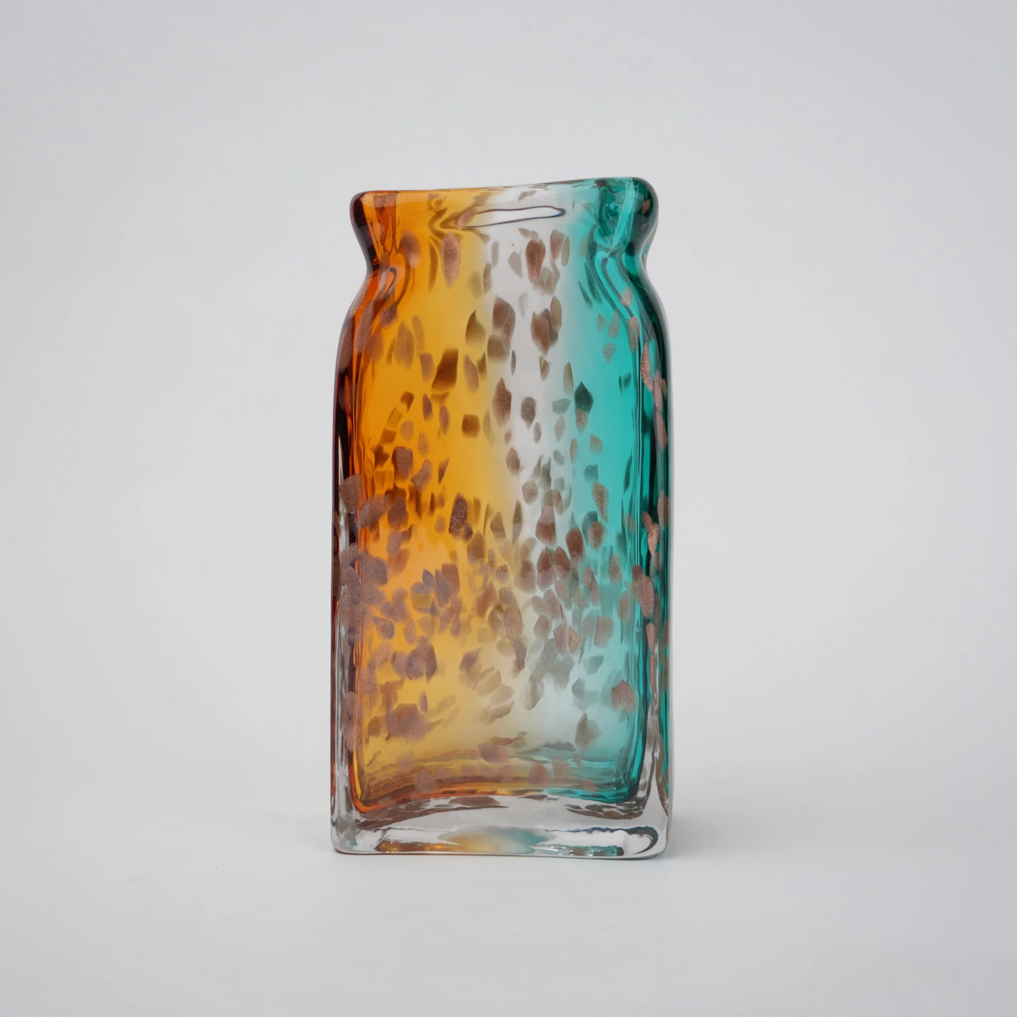 Tall rectangular dual-tone teal and amber glass vase with bubble-textured surface.