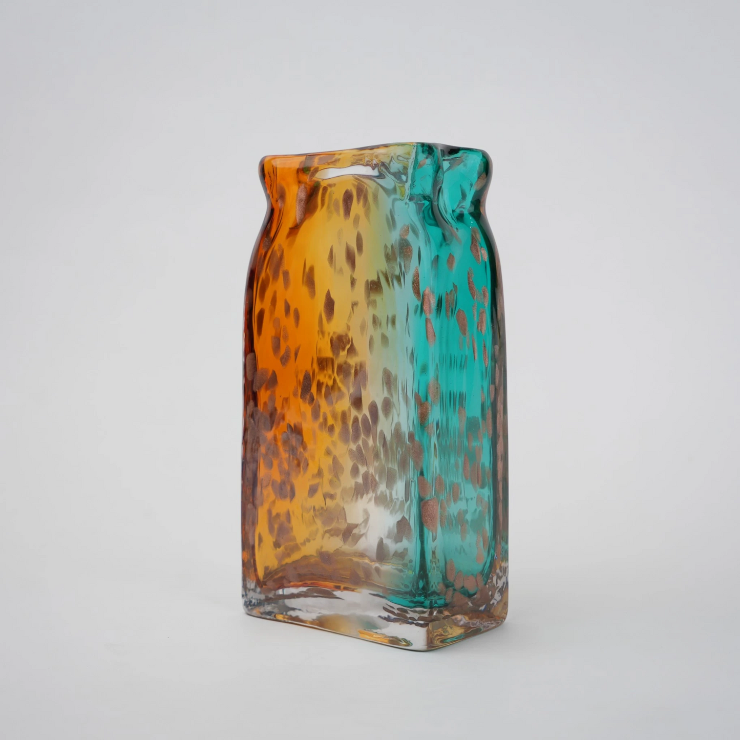 Tall rectangular dual-tone teal and amber glass vase with bubble-textured surface.