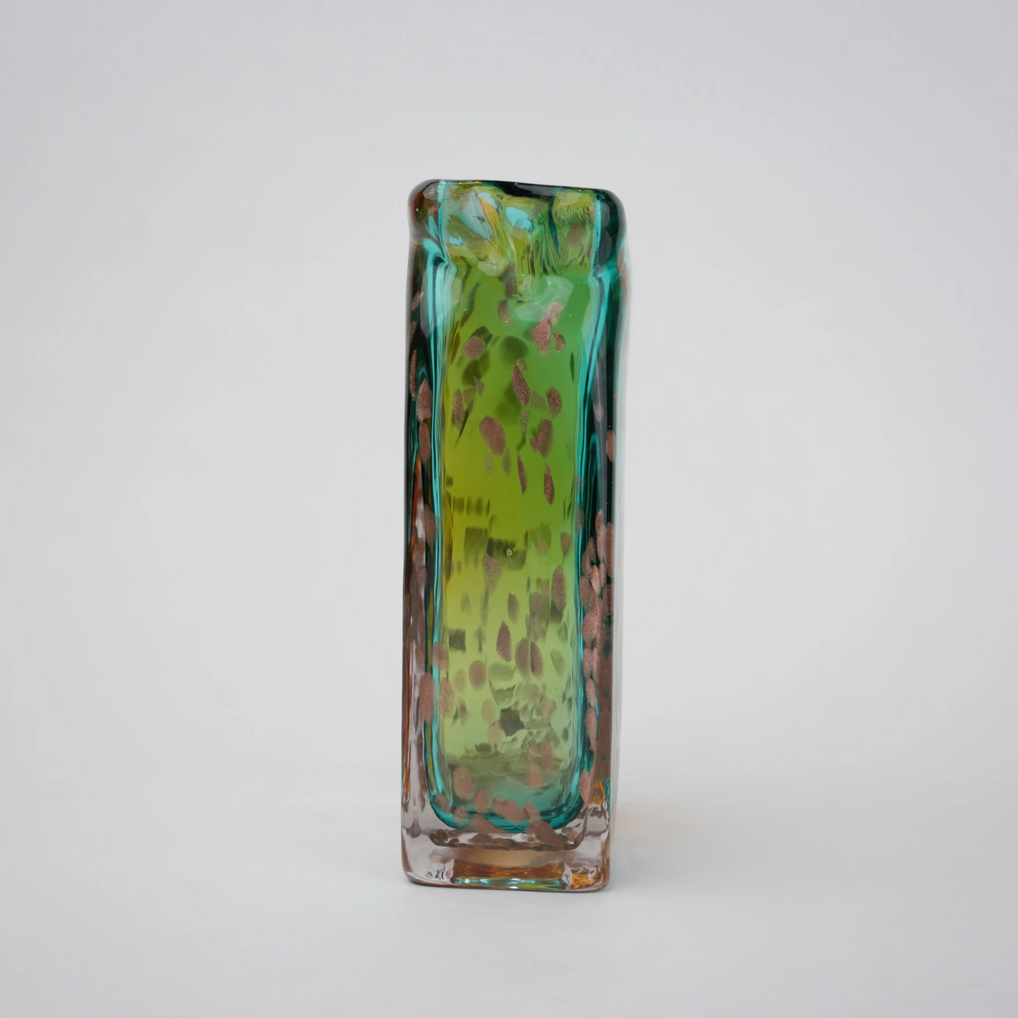 Tall rectangular dual-tone teal and amber glass vase with bubble-textured surface.