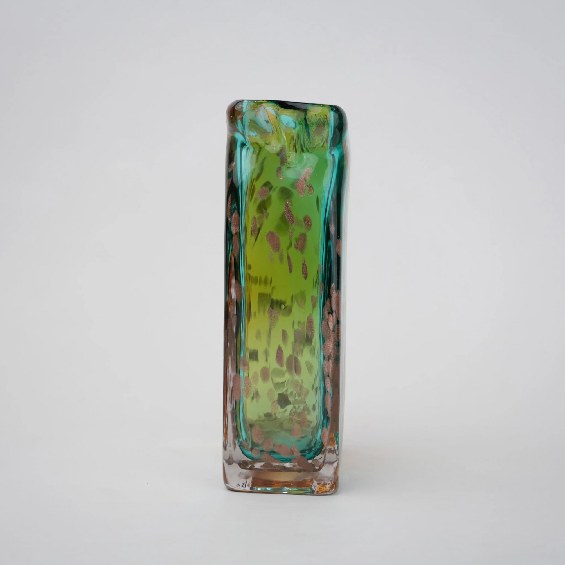 Tall rectangular dual-tone teal and amber glass vase with bubble-textured surface.