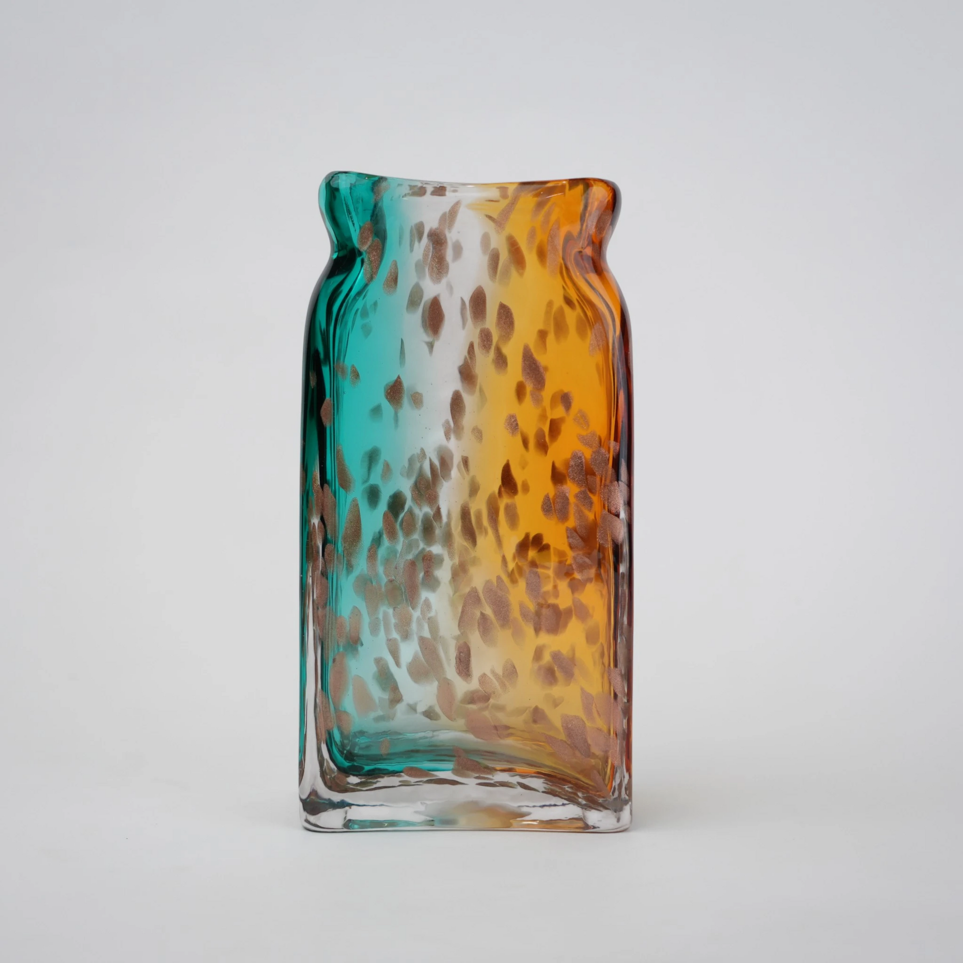 Tall rectangular dual-tone teal and amber glass vase with bubble-textured surface.