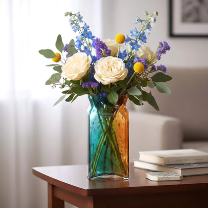 Tall rectangular dual-tone teal and amber glass vase with bubble-textured surface.