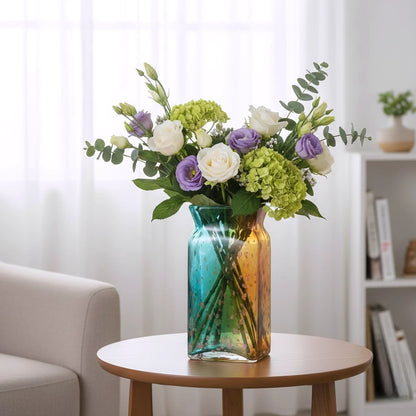 Tall rectangular dual-tone teal and amber glass vase with bubble-textured surface.