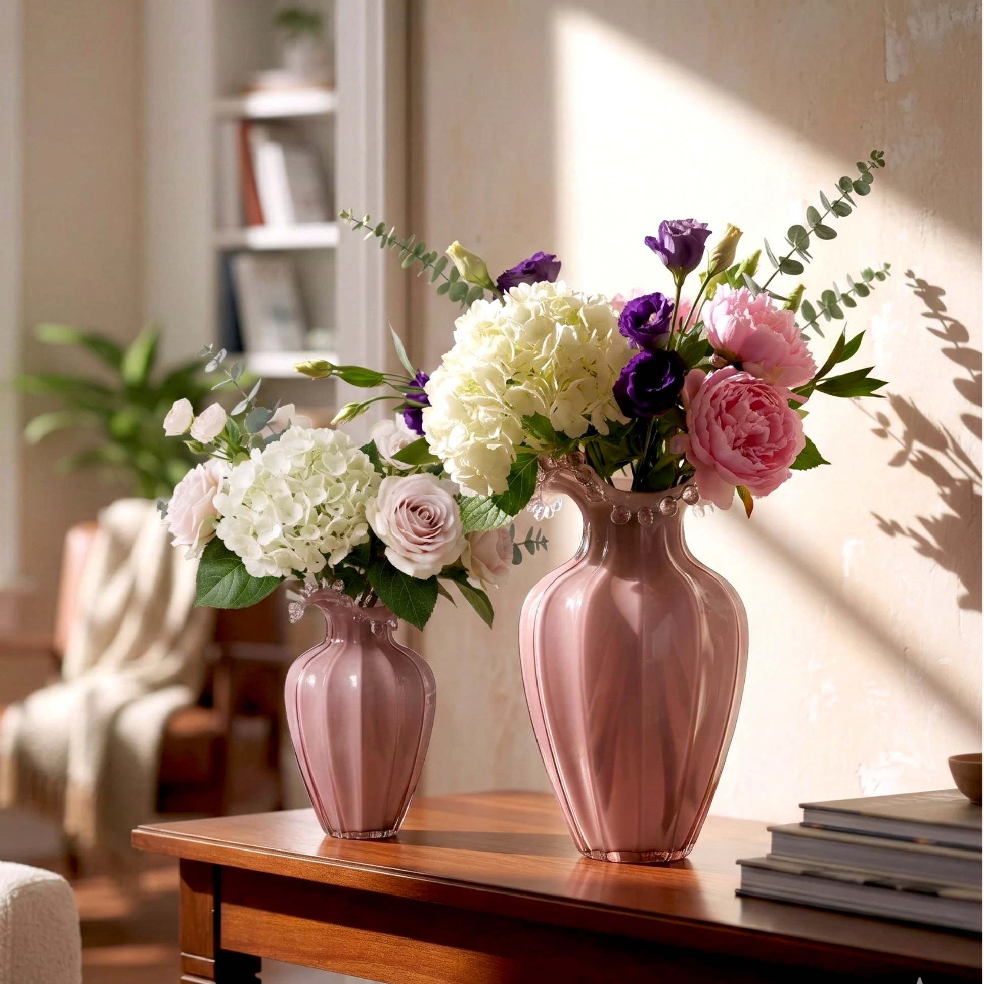 Blush pink translucent glass vase with curved body and sculptural ruffled rim.