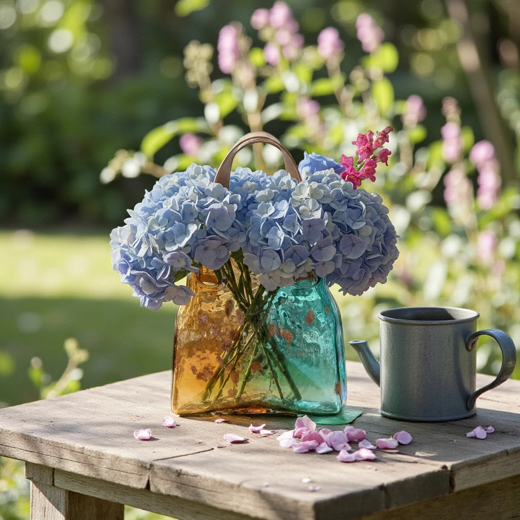 Dual-tone teal and amber glass handbag-shaped vase with bubble-textured surface and arched handle