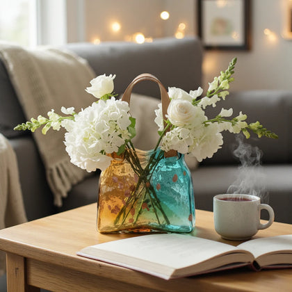 Dual-tone teal and amber glass handbag-shaped vase with bubble-textured surface and arched handle
