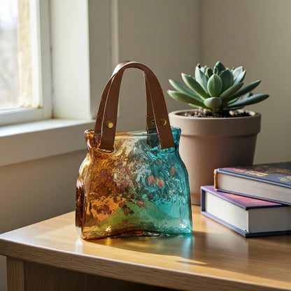 Dual-tone teal and amber glass handbag-shaped vase with bubble-textured surface and arched handle
