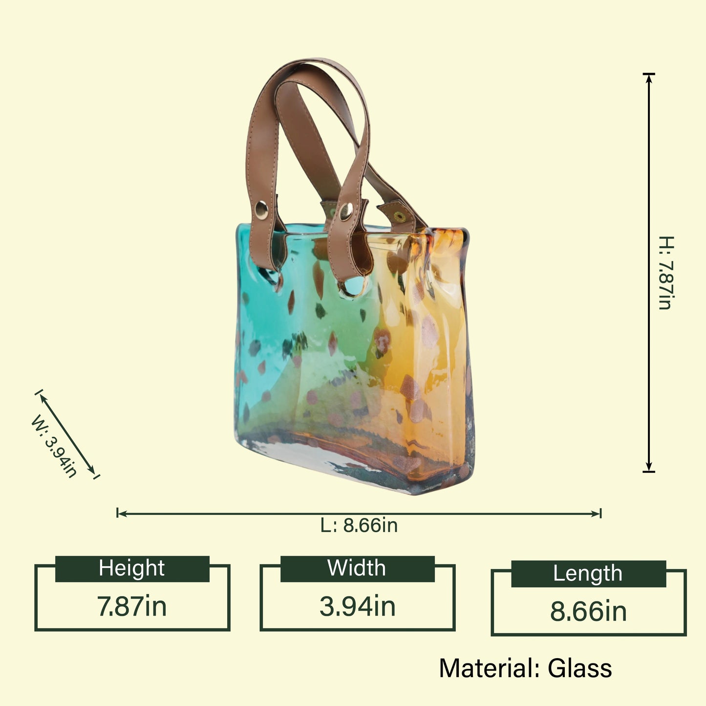 Teal-amber tote vase leather handles 7.87in