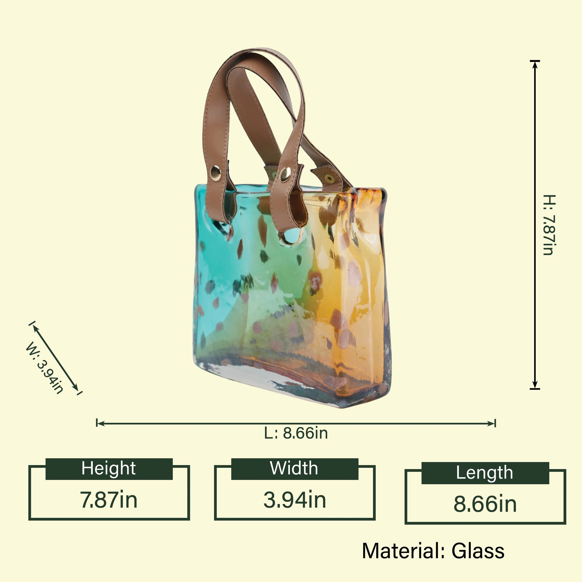 Teal-amber tote vase leather handles 7.87in