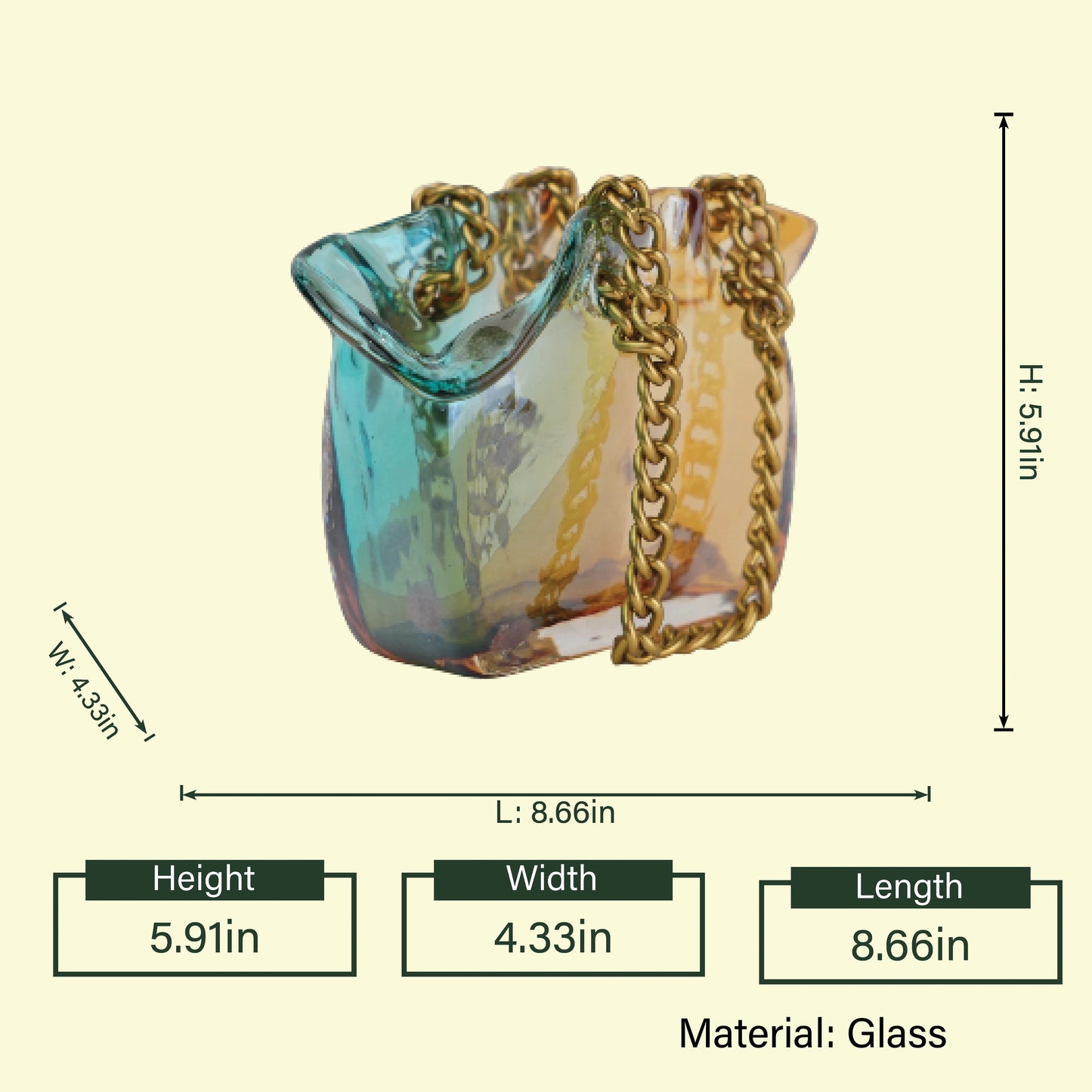 Teal-amber chain handbag vase 8.66in spec