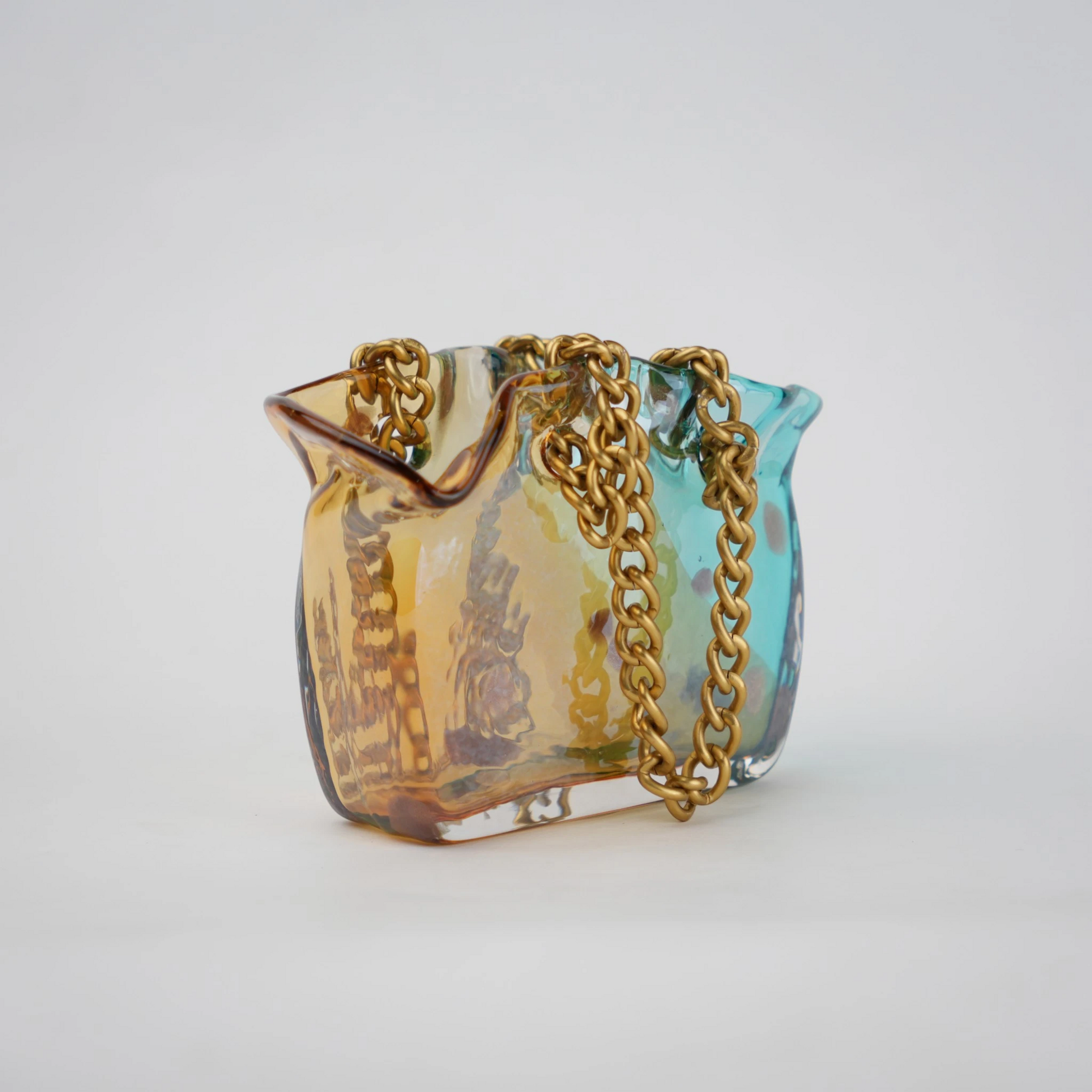Iridescent purse vase w/ twin gold chains