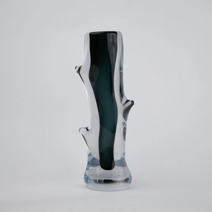 Clear glass stem vase with a branch-like shape and an inner core detail.