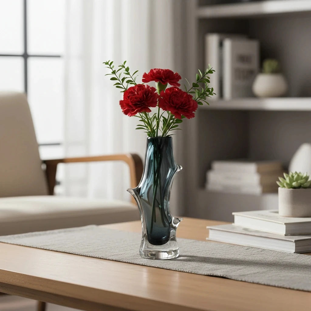 Clear glass stem vase with a branch-like shape and an inner core detail.