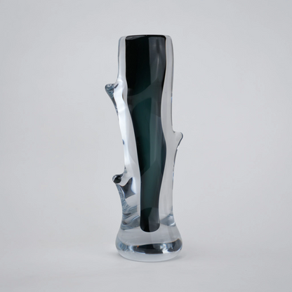 Clear glass stem vase with a branch-like shape and an inner core detail.