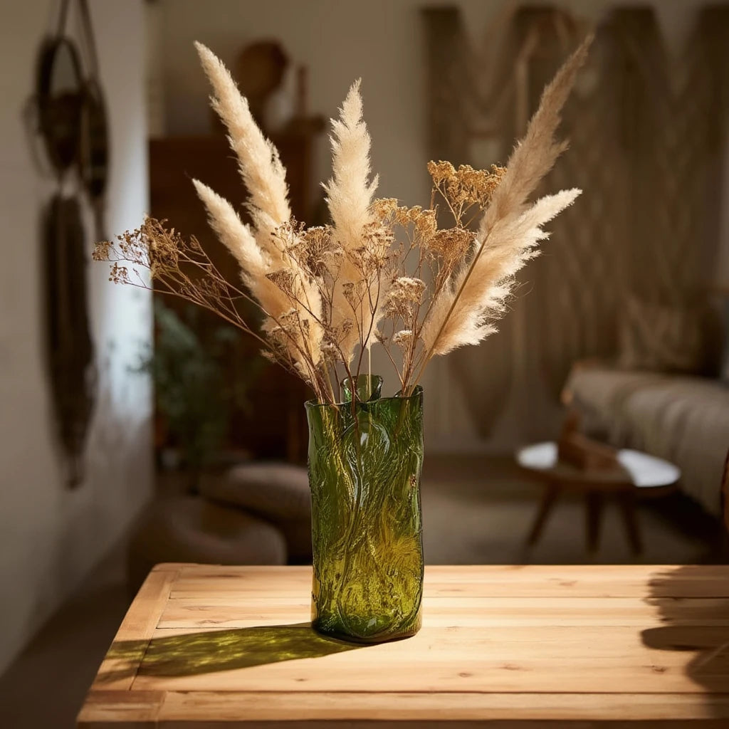 Olive green crackle-textured cylindrical glass vase with organic surface pattern.