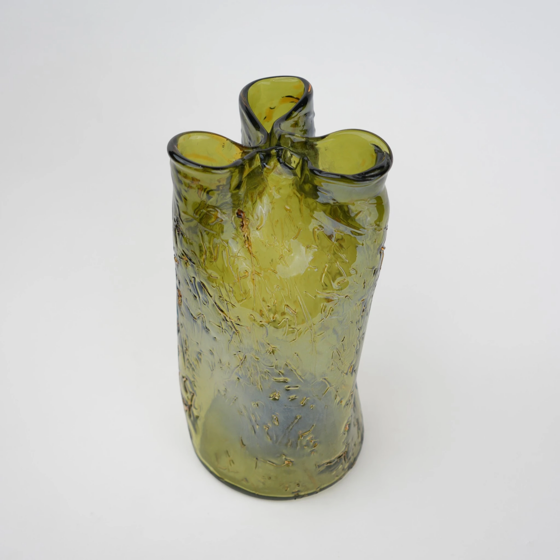 Olive green crackle-textured cylindrical glass vase with organic surface pattern.
