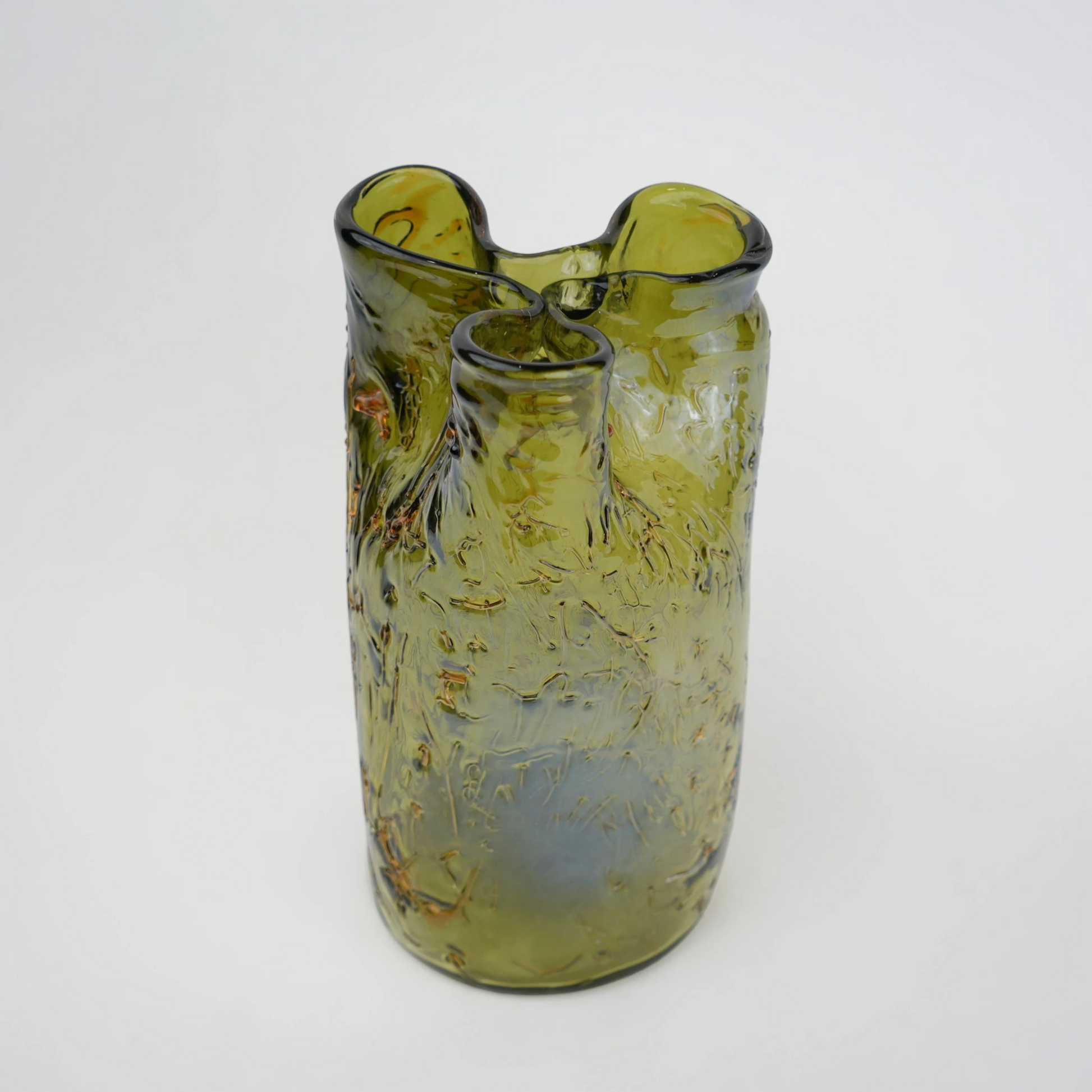 Olive green crackle-textured cylindrical glass vase with organic surface pattern.