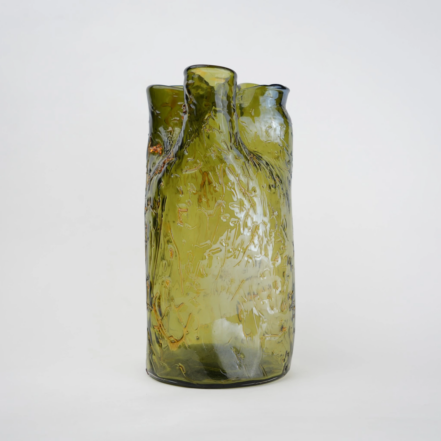 Olive green crackle-textured cylindrical glass vase with organic surface pattern.