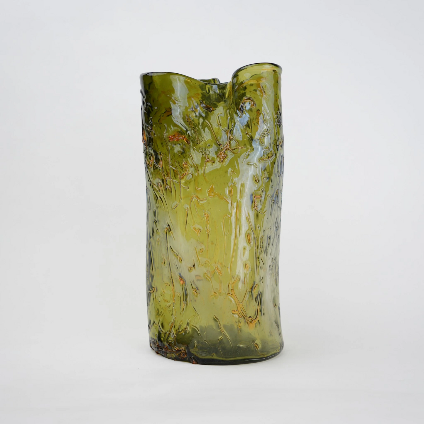 Olive green crackle-textured cylindrical glass vase with organic surface pattern.